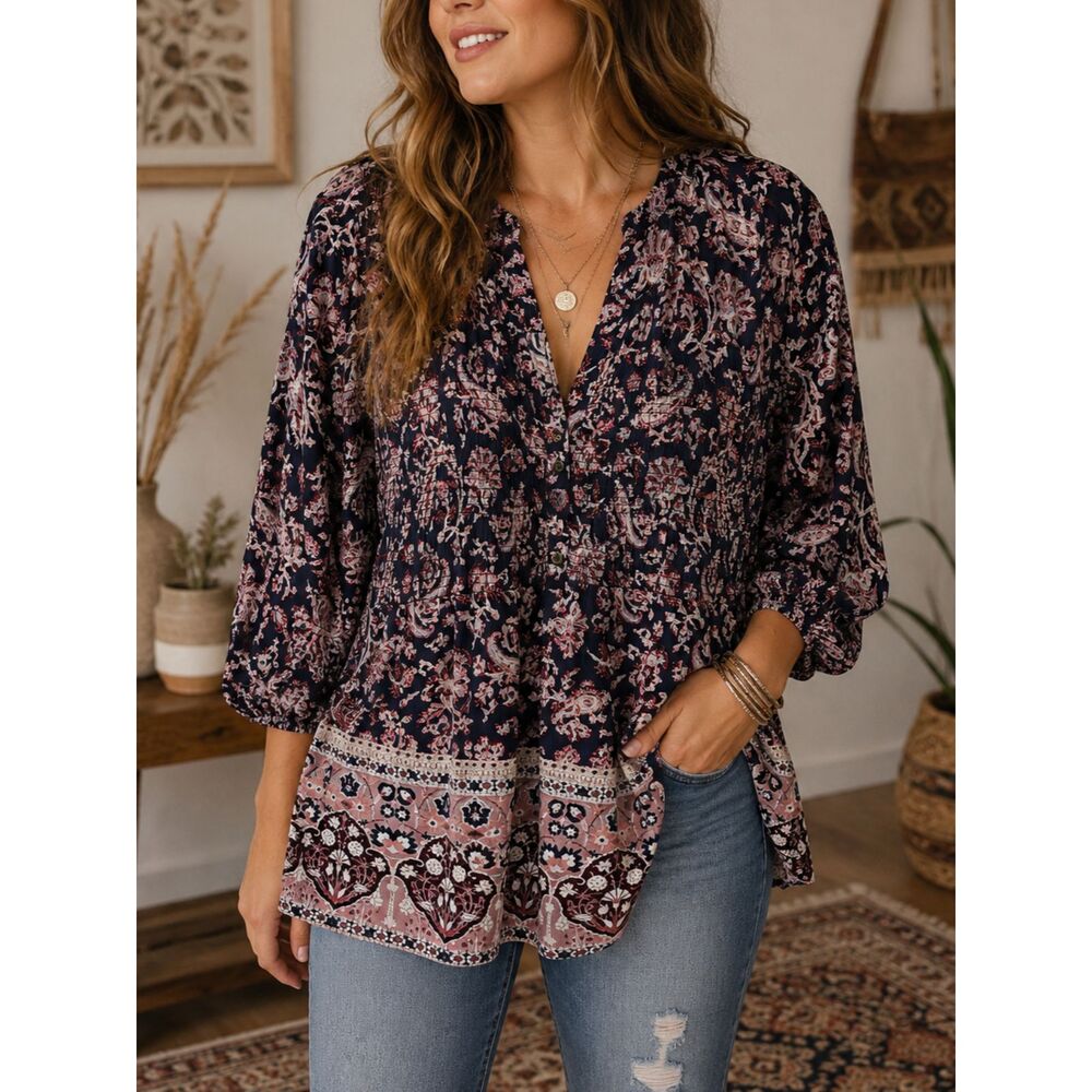 Knox Rose Boho Floral Peasant Blouse Medium Navy Pink Smocked Rayon Top M